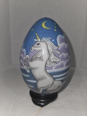 Vintage 5'' Hand Blown Hand Painted Glass Unicorn Egg on Wooden Stand